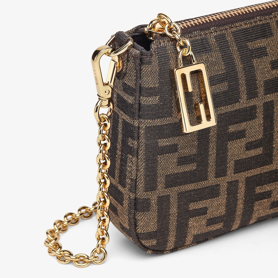 FENDI Baguette Pouch Brown jacquard FF fabric clutch with chain - Image 4